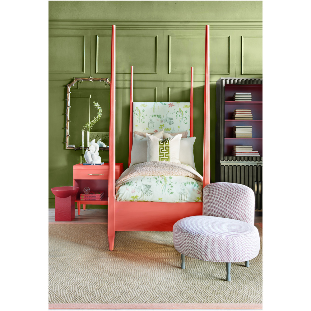 Helena 4-Poster Bed Kaleidoscope red without canopy. Vivienne chair, Callas book shelf.