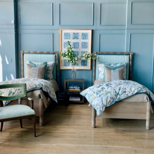 Hampton twin beds styled with Sussex Armchair